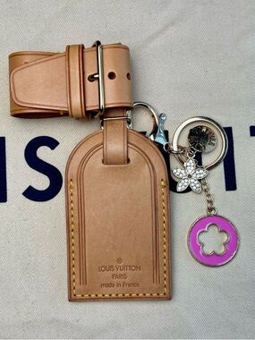 Auth Louis Vuitton Luggage Tag with Poignet Set Vachetta Leather